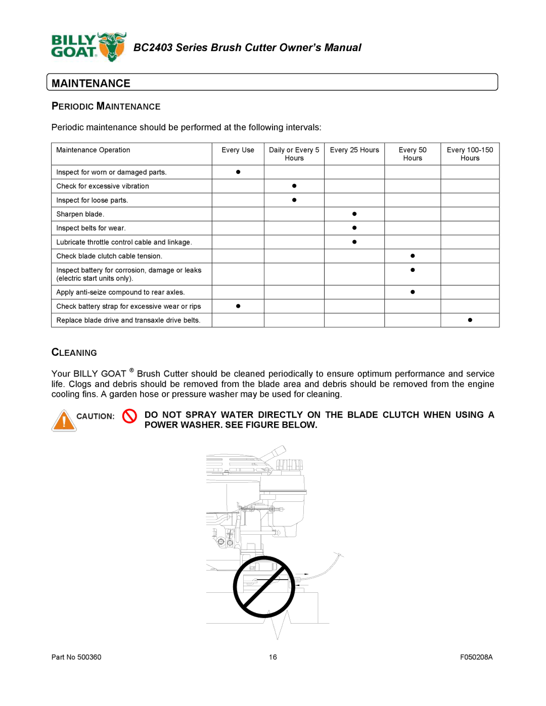 Billy Goat BC2403 Series owner manual Periodic Maintenance, Cleaning 