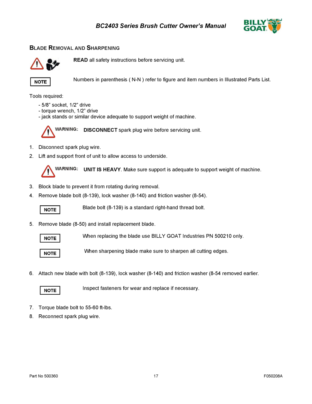 Billy Goat BC2403 Series owner manual Blade Removal and Sharpening 