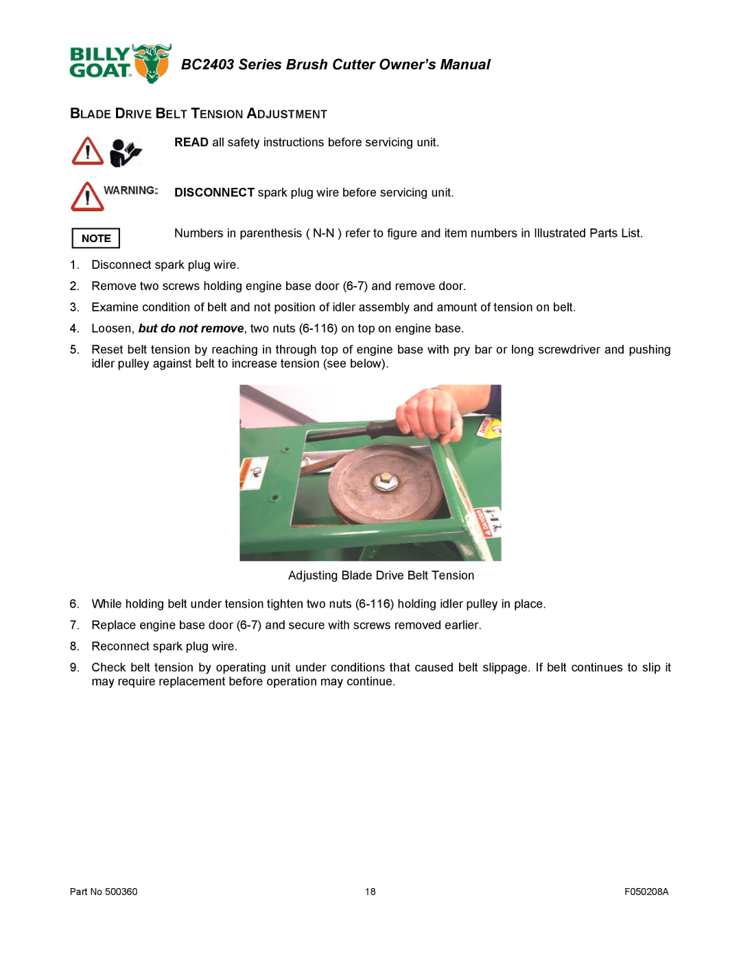 Billy Goat BC2403 Series owner manual Blade Drive Belt Tension Adjustment 