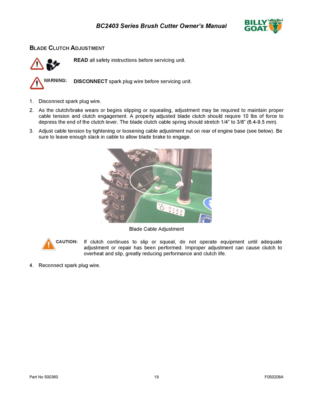 Billy Goat BC2403 Series owner manual Blade Clutch Adjustment 