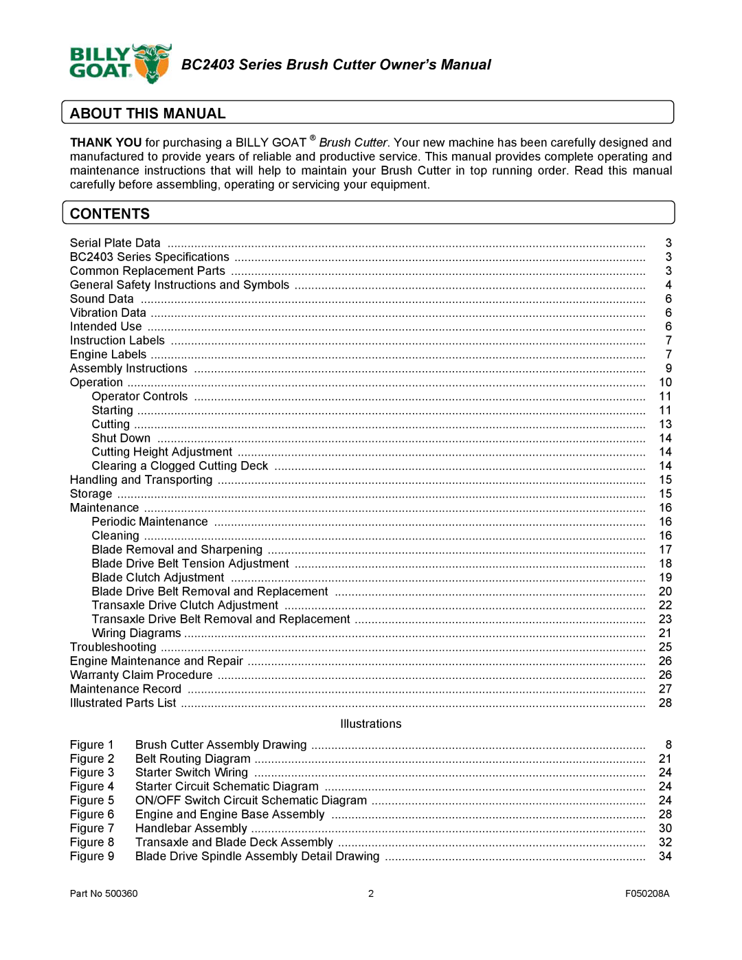 Billy Goat BC2403 Series owner manual About this Manual, Contents 