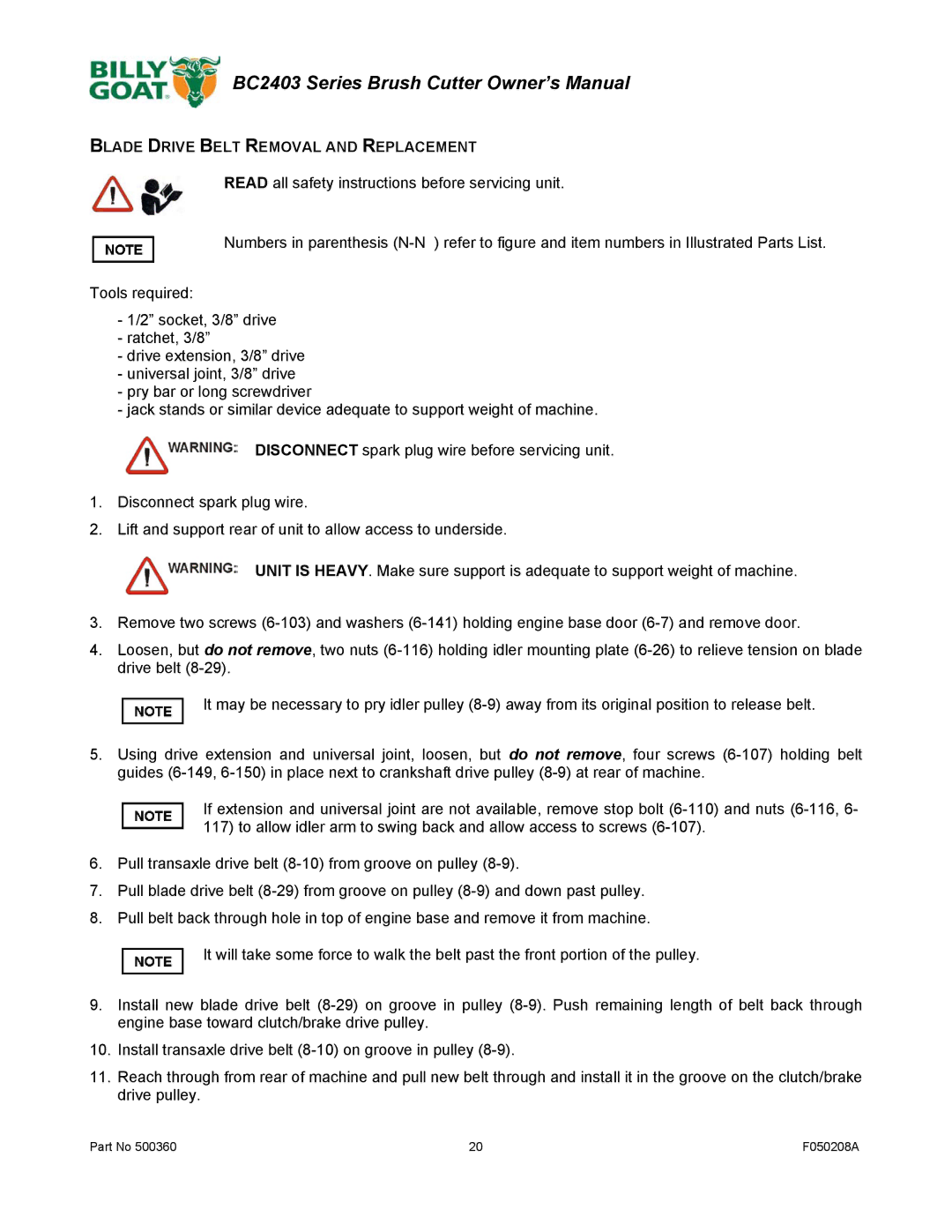 Billy Goat BC2403 Series owner manual Blade Drive Belt Removal and Replacement 