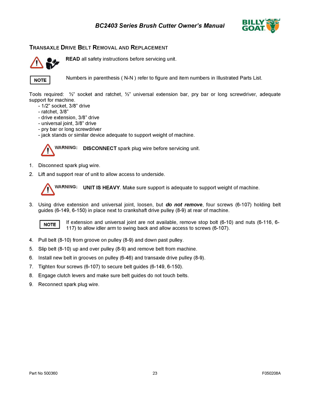 Billy Goat BC2403 Series owner manual Transaxle Drive Belt Removal and Replacement 