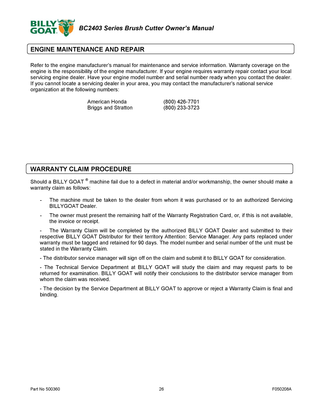 Billy Goat BC2403 Series owner manual Engine Maintenance and Repair, Warranty Claim Procedure 