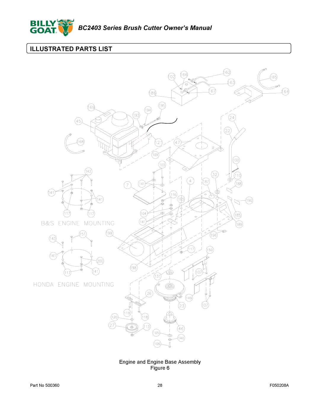 Billy Goat BC2403 Series owner manual Illustrated Parts List, Engine and Engine Base Assembly 