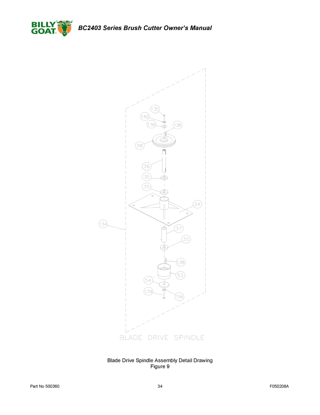 Billy Goat BC2403 Series owner manual Blade Drive Spindle Assembly Detail Drawing 