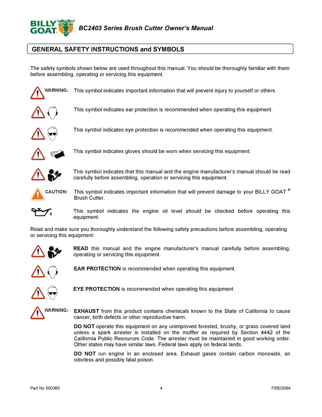 Billy Goat BC2403 Series owner manual General Safety Instructions and Symbols 