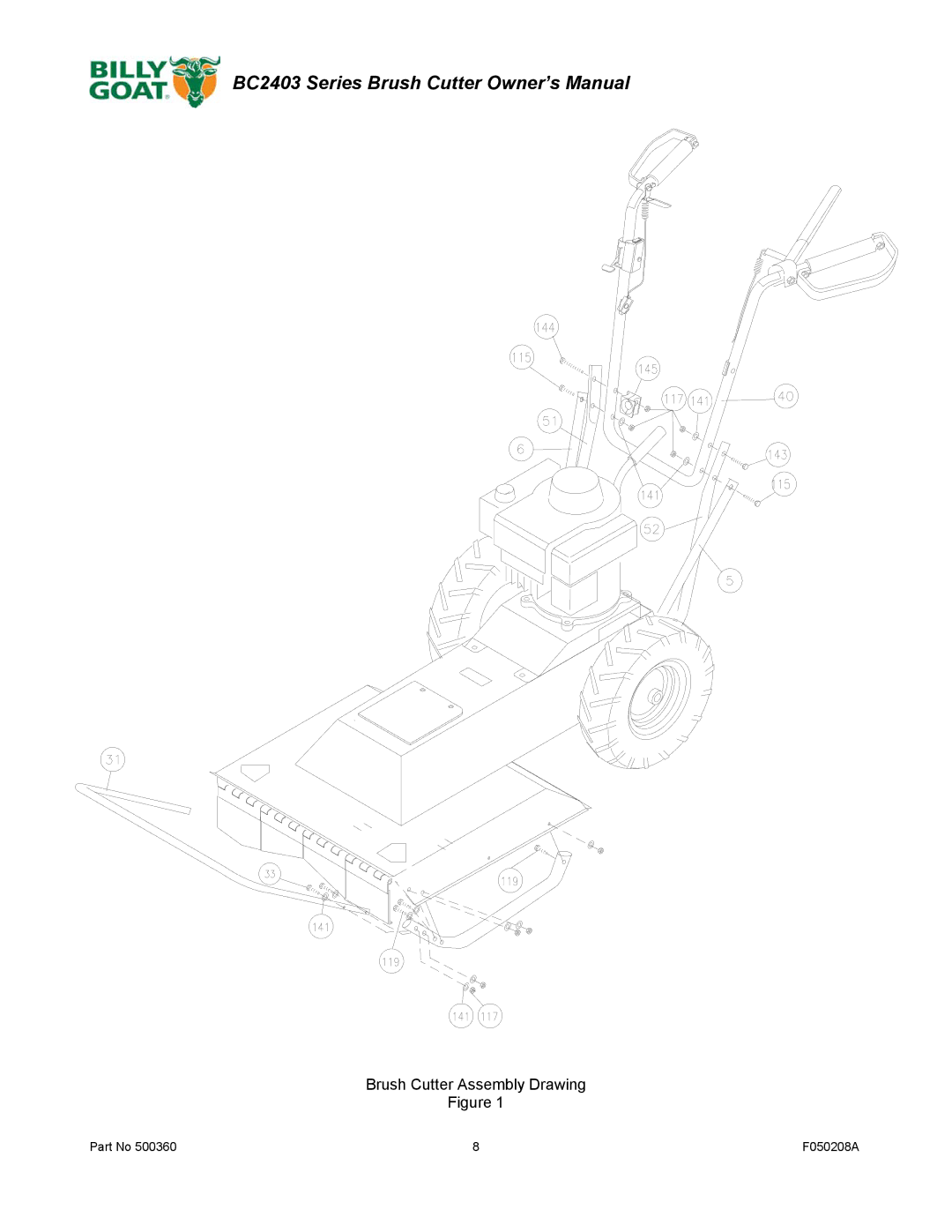 Billy Goat BC2403 Series owner manual Brush Cutter Assembly Drawing 