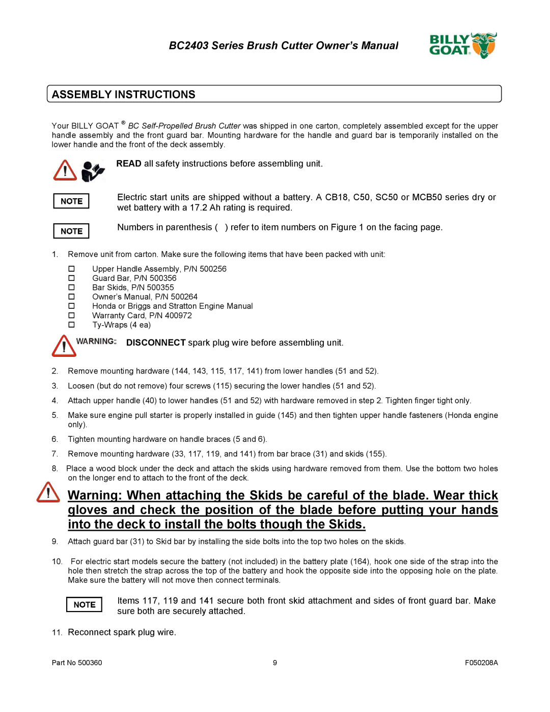 Billy Goat BC2403 Series owner manual Assembly Instructions, Disconnect spark plug wire before assembling unit 