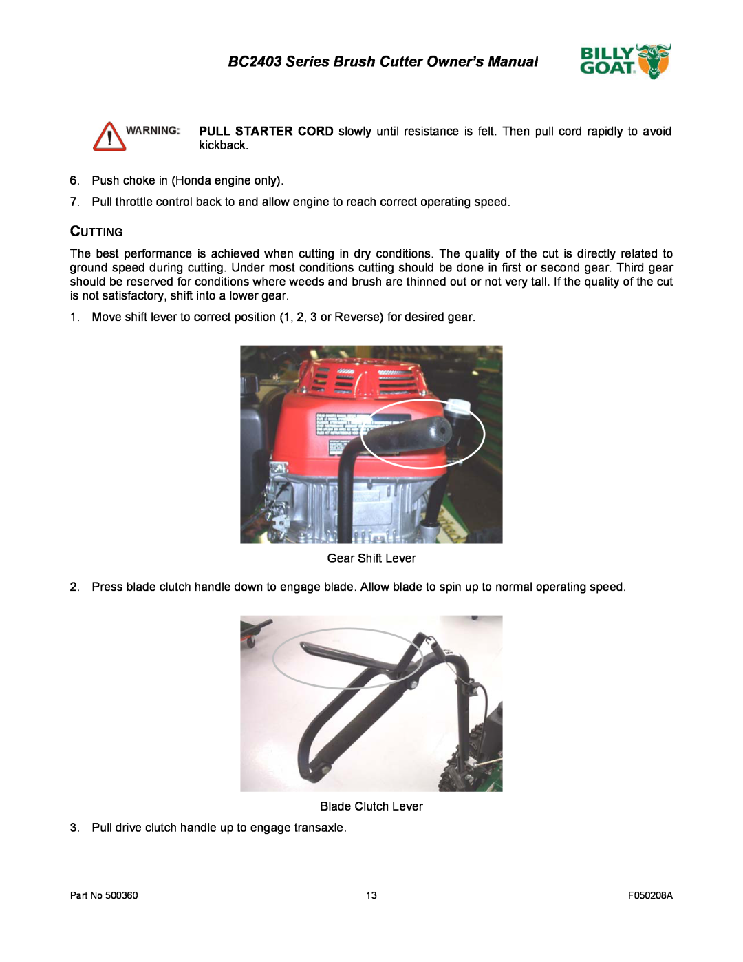 Billy Goat BC2403 Series owner manual Cutting 