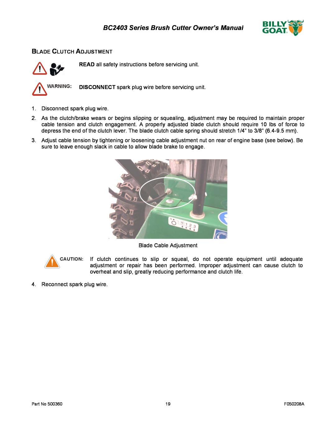 Billy Goat BC2403 Series owner manual Blade Clutch Adjustment 