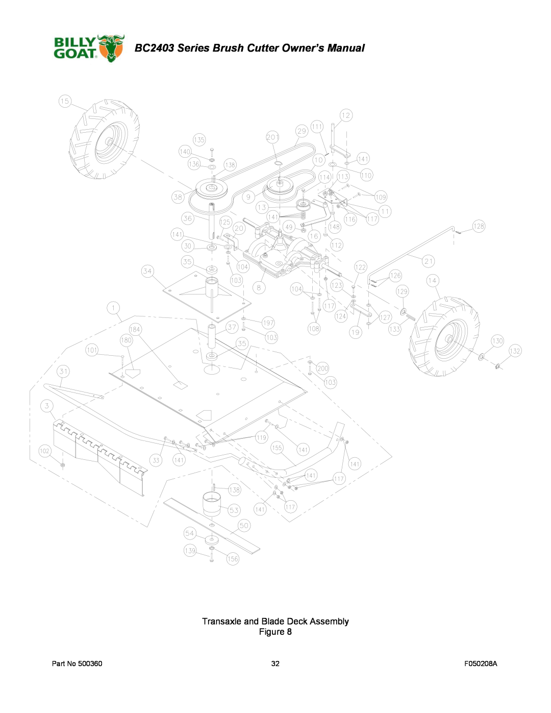Billy Goat owner manual BC2403 Series Brush Cutter Owner’s Manual, Transaxle and Blade Deck Assembly, F050208A 