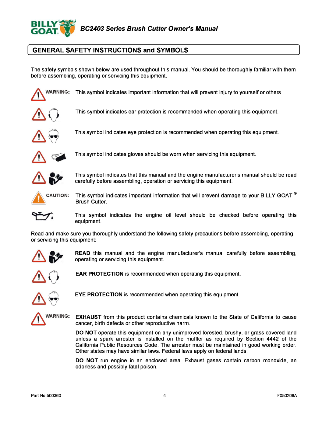 Billy Goat owner manual GENERAL SAFETY INSTRUCTIONS and SYMBOLS, BC2403 Series Brush Cutter Owner’s Manual 