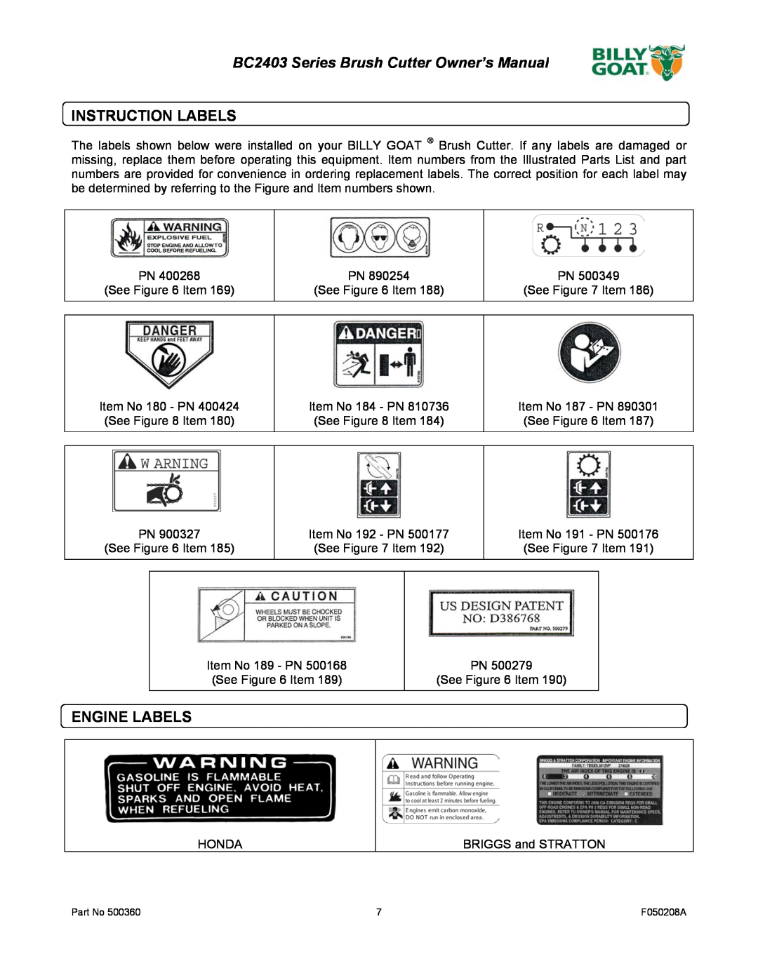 Billy Goat owner manual Instruction Labels, Engine Labels, BC2403 Series Brush Cutter Owner’s Manual 