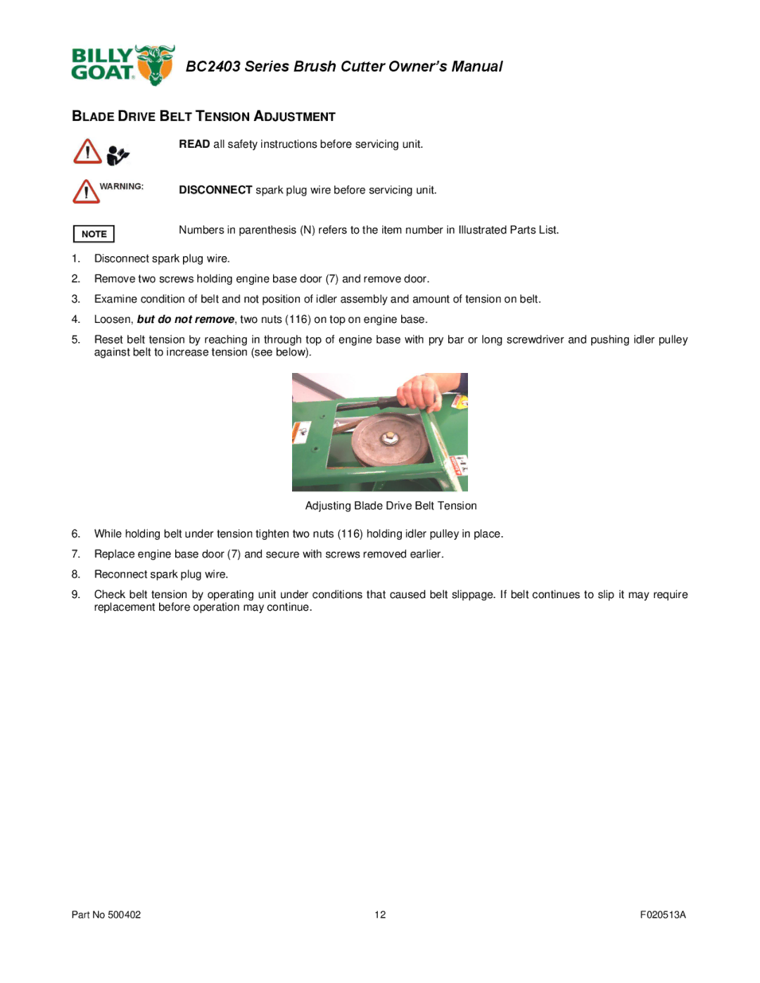 Billy Goat BC2403 owner manual Blade Drive Belt Tension Adjustment 