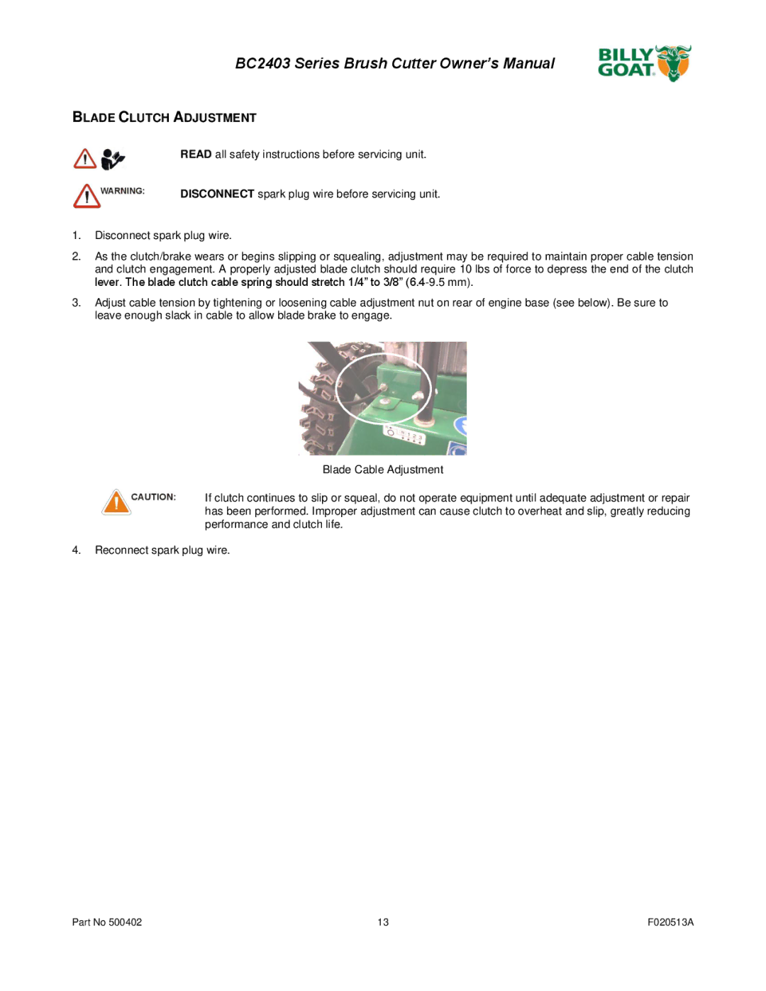 Billy Goat BC2403 owner manual Blade Clutch Adjustment 