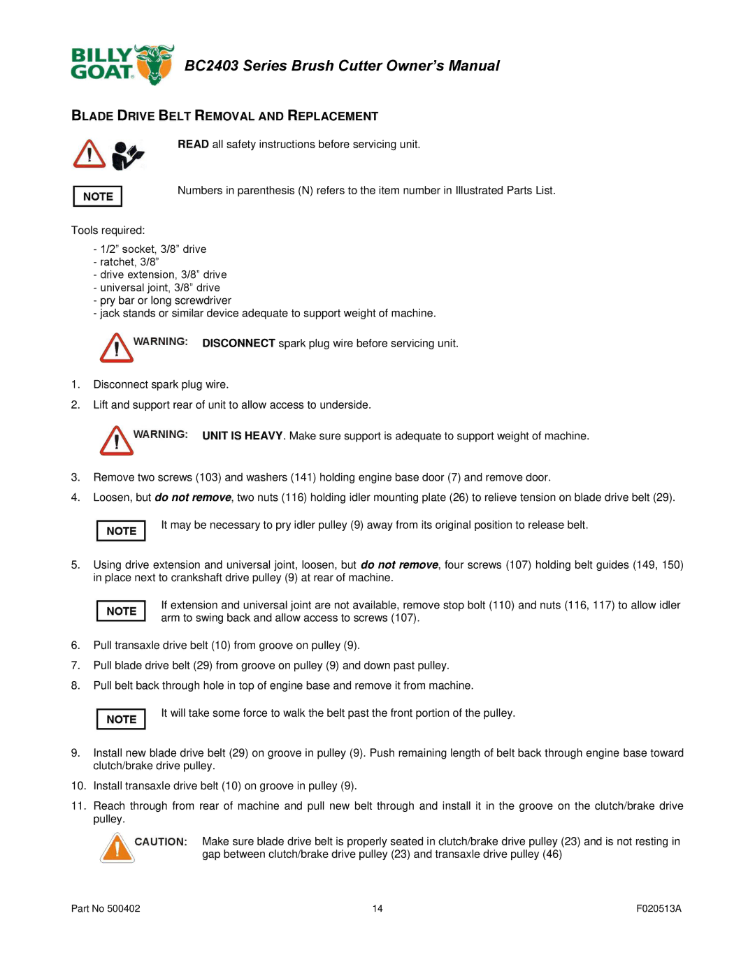 Billy Goat BC2403 owner manual Blade Drive Belt Removal and Replacement 