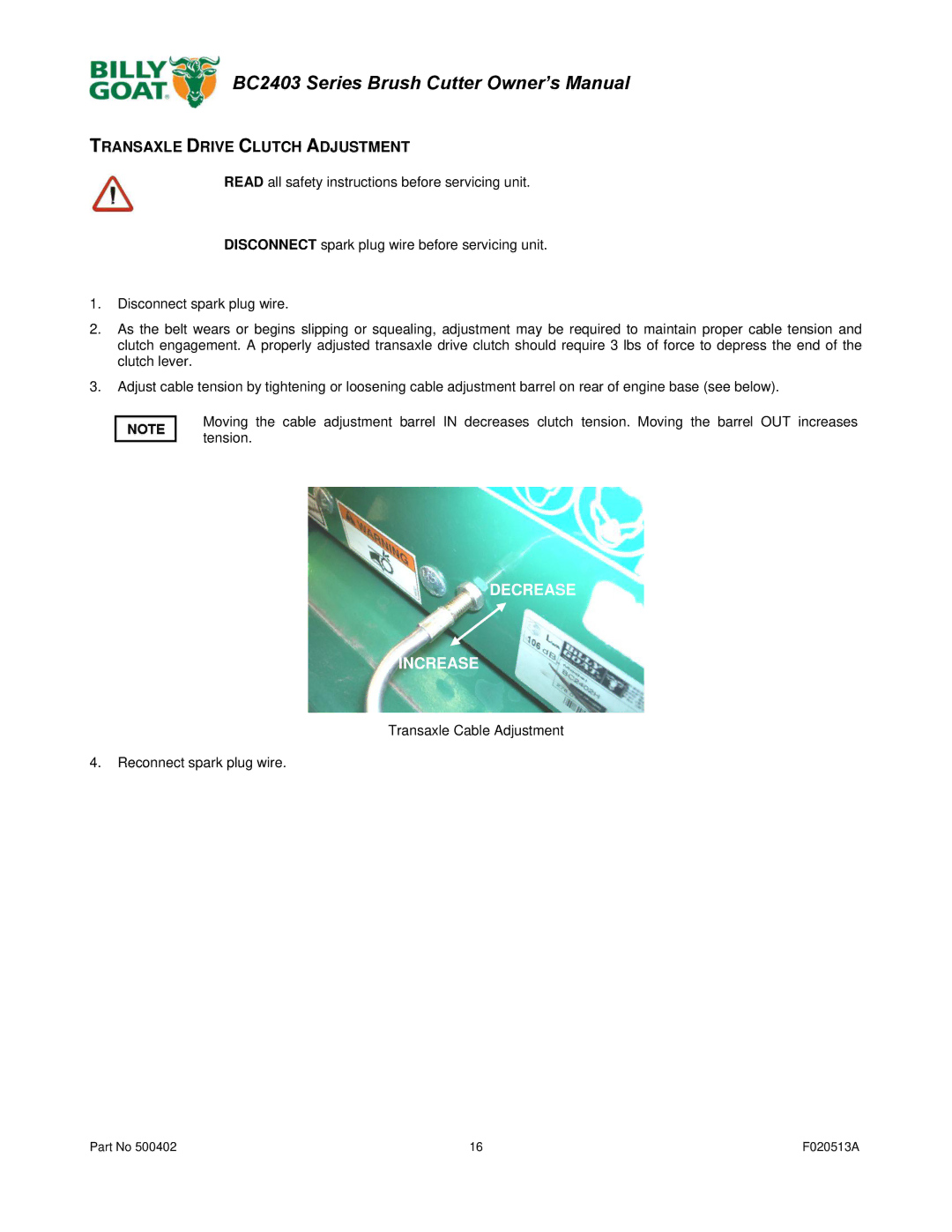 Billy Goat BC2403 owner manual Transaxle Drive Clutch Adjustment, Decrease Increase 