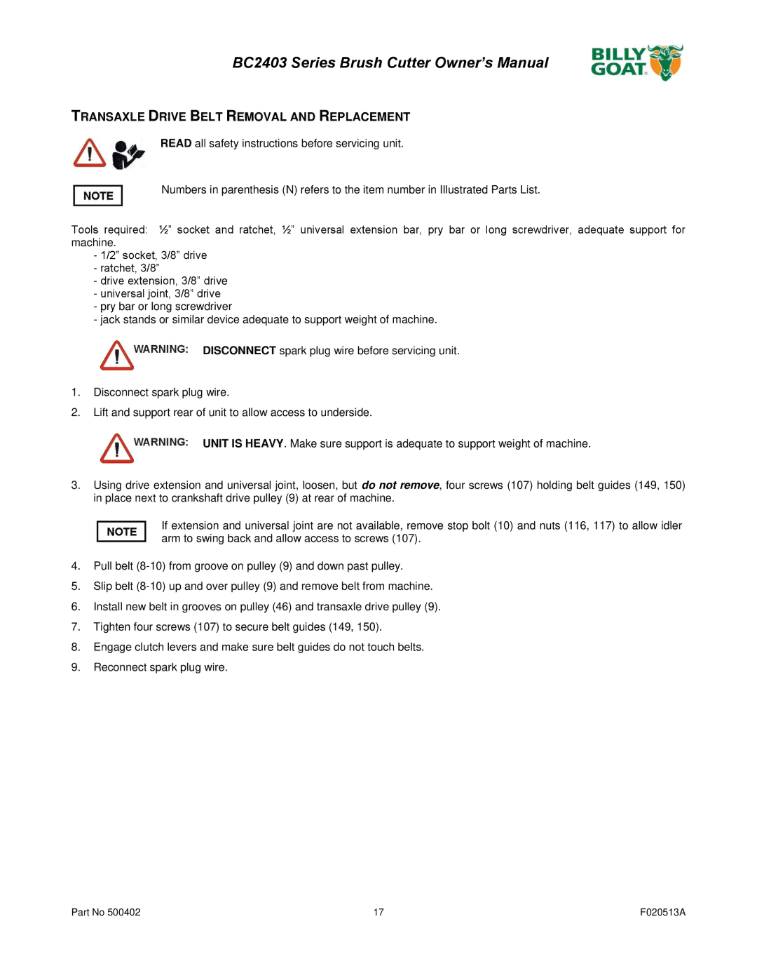 Billy Goat BC2403 owner manual Transaxle Drive Belt Removal and Replacement 