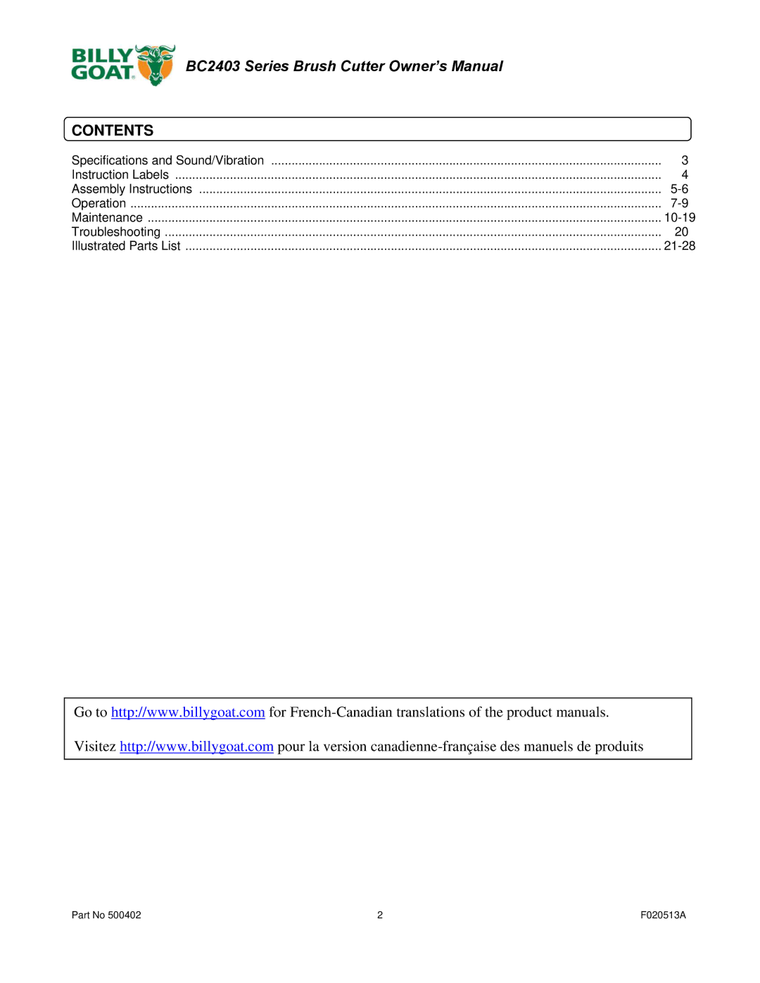 Billy Goat BC2403 owner manual Contents 