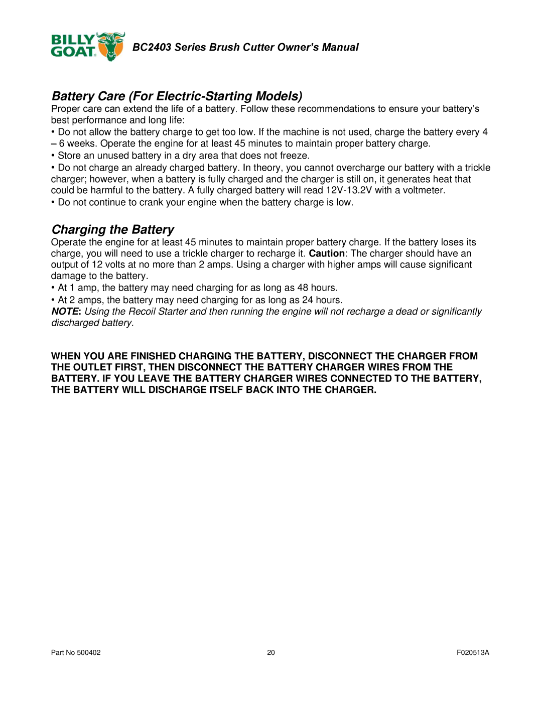 Billy Goat BC2403 owner manual Battery Care For Electric-Starting Models 