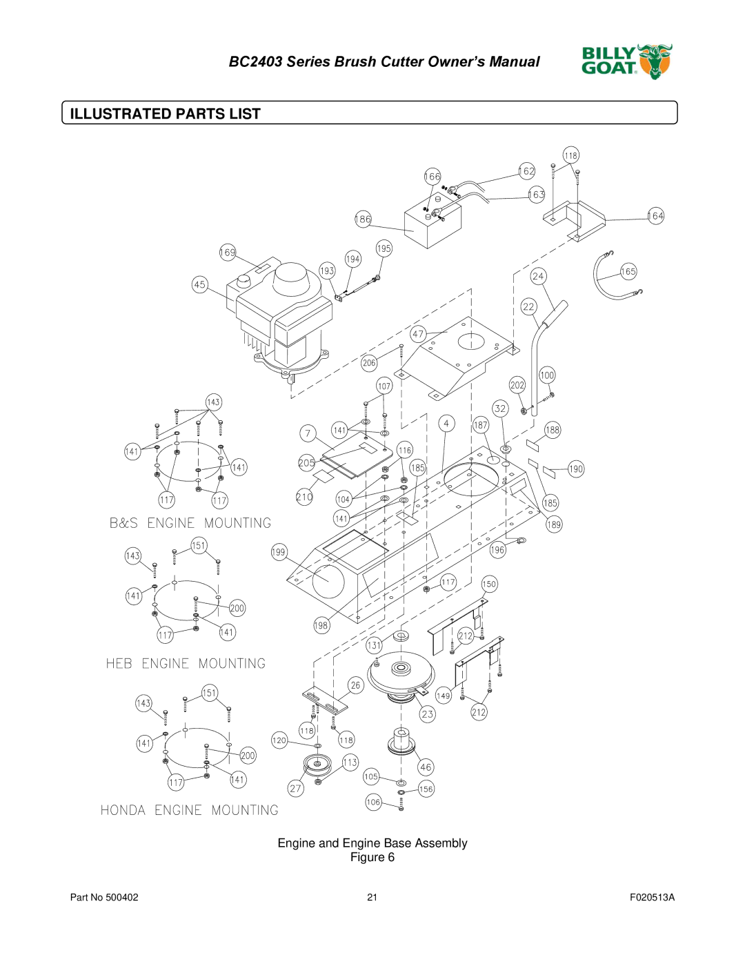 Billy Goat BC2403 owner manual Illustrated Parts List, Engine and Engine Base Assembly 