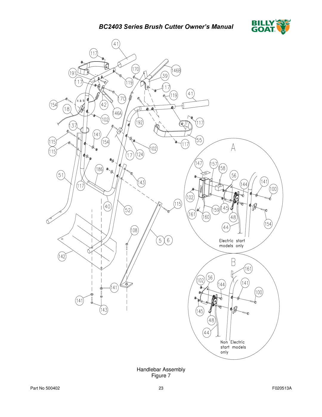 Billy Goat BC2403 owner manual Handlebar Assembly 