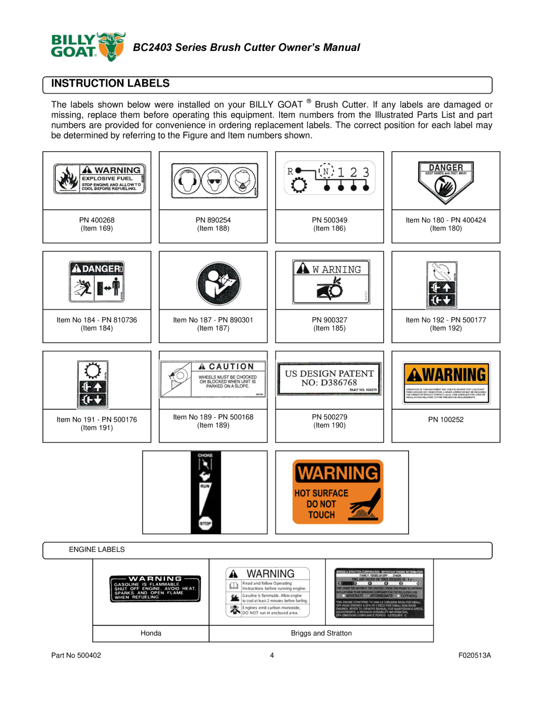 Billy Goat BC2403 owner manual Instruction Labels 