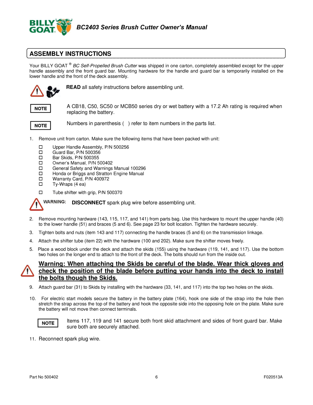 Billy Goat BC2403 owner manual Assembly Instructions, Disconnect spark plug wire before assembling unit 