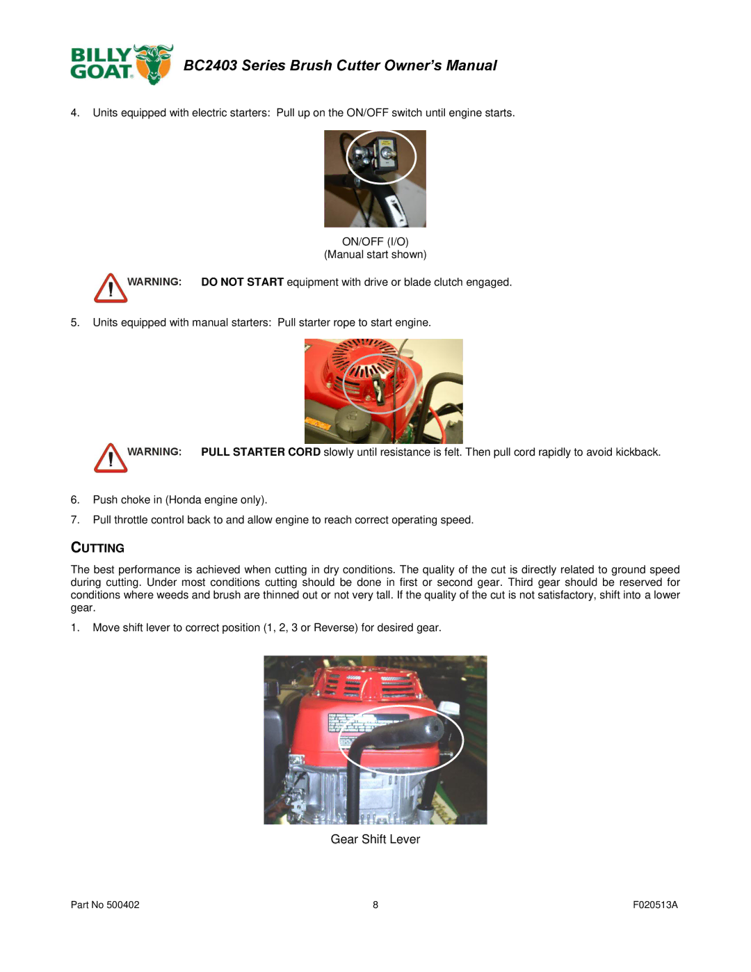 Billy Goat BC2403 owner manual Cutting, Gear Shift Lever 