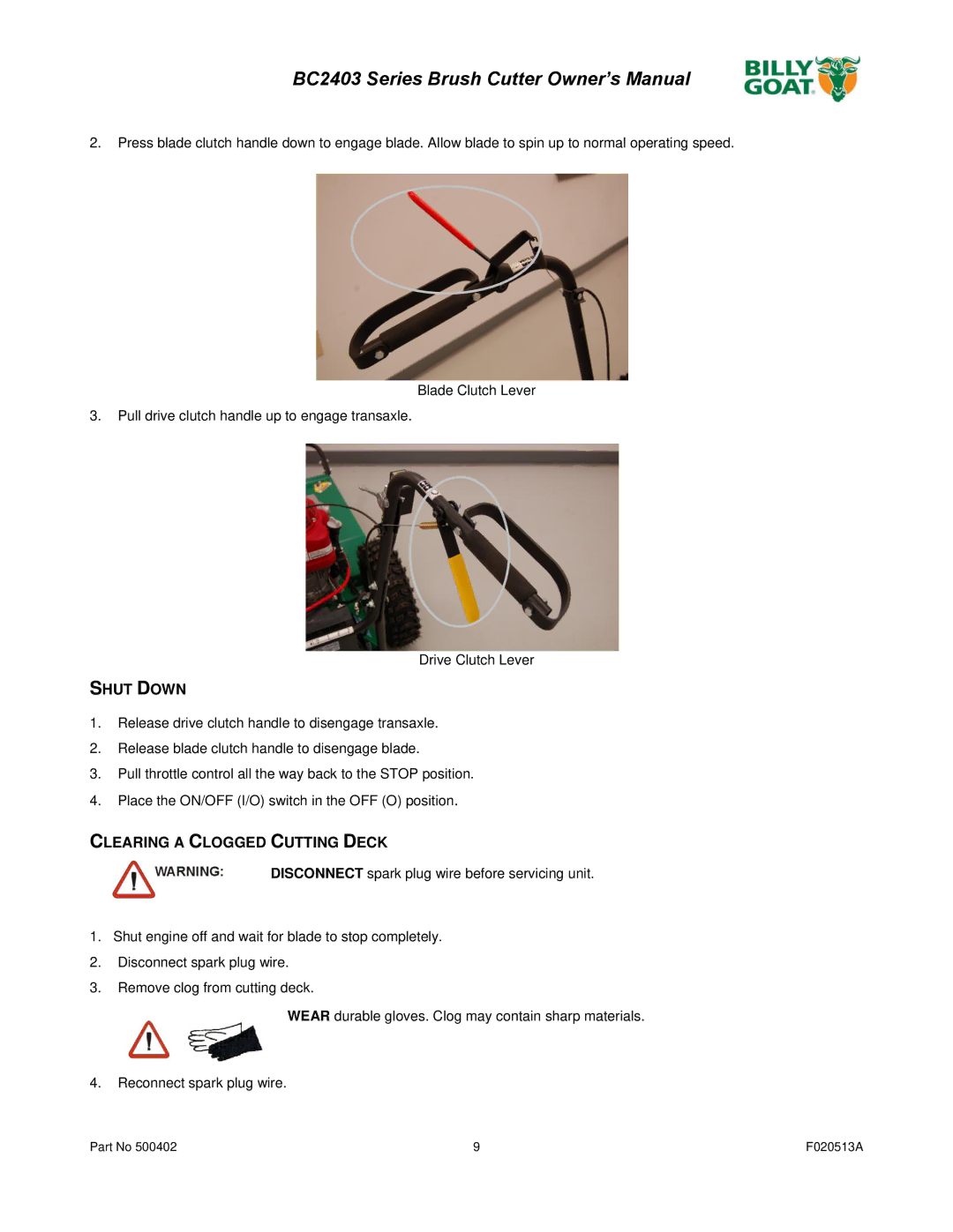 Billy Goat BC2403 owner manual Shut Down, Clearing a Clogged Cutting Deck 