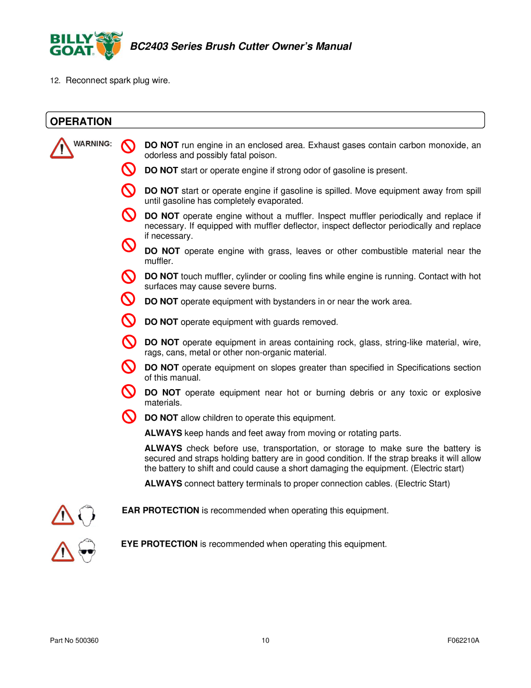 Billy Goat BC2403 owner manual Operation, Reconnect spark plug wire 