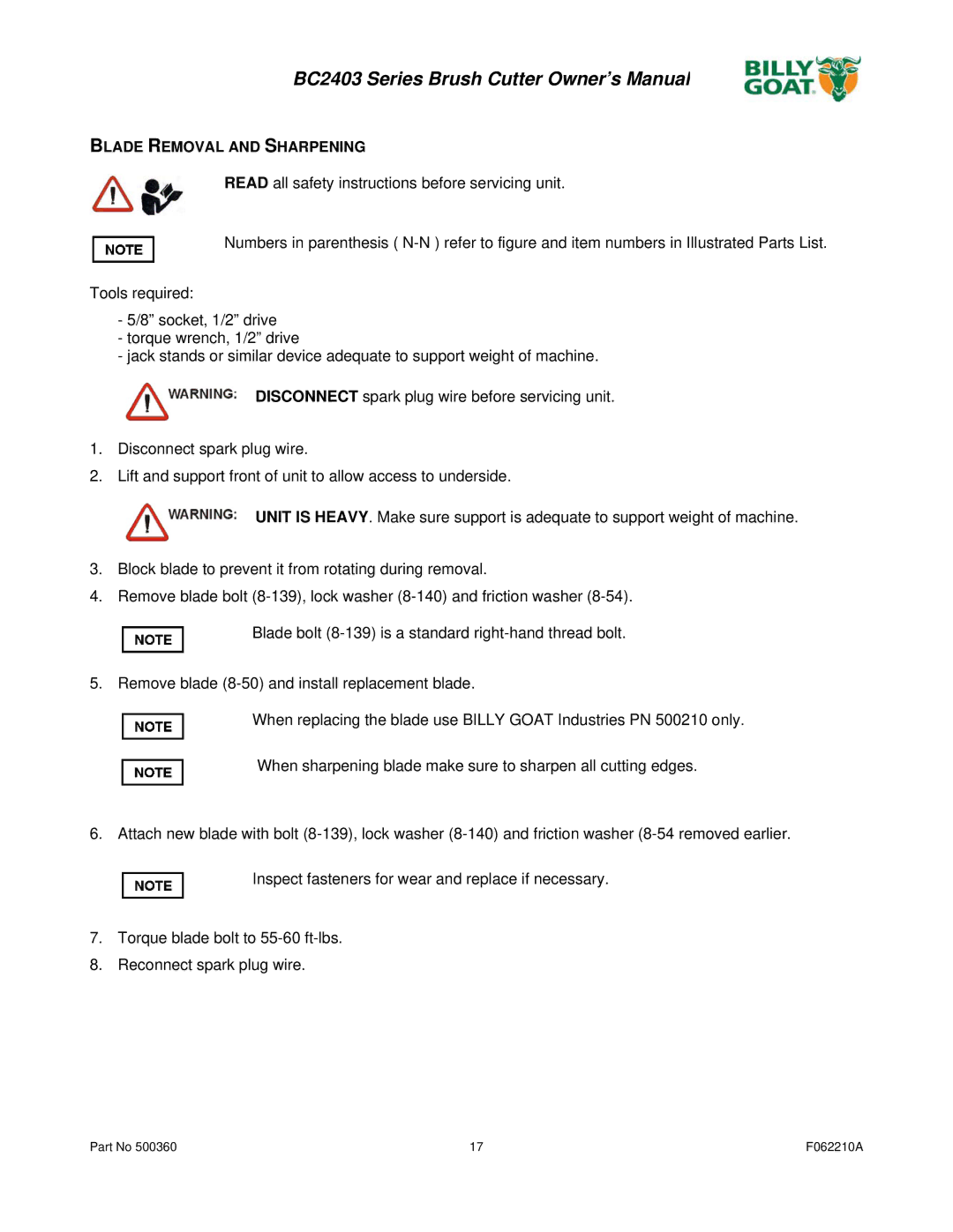 Billy Goat BC2403 owner manual Blade Removal and Sharpening 