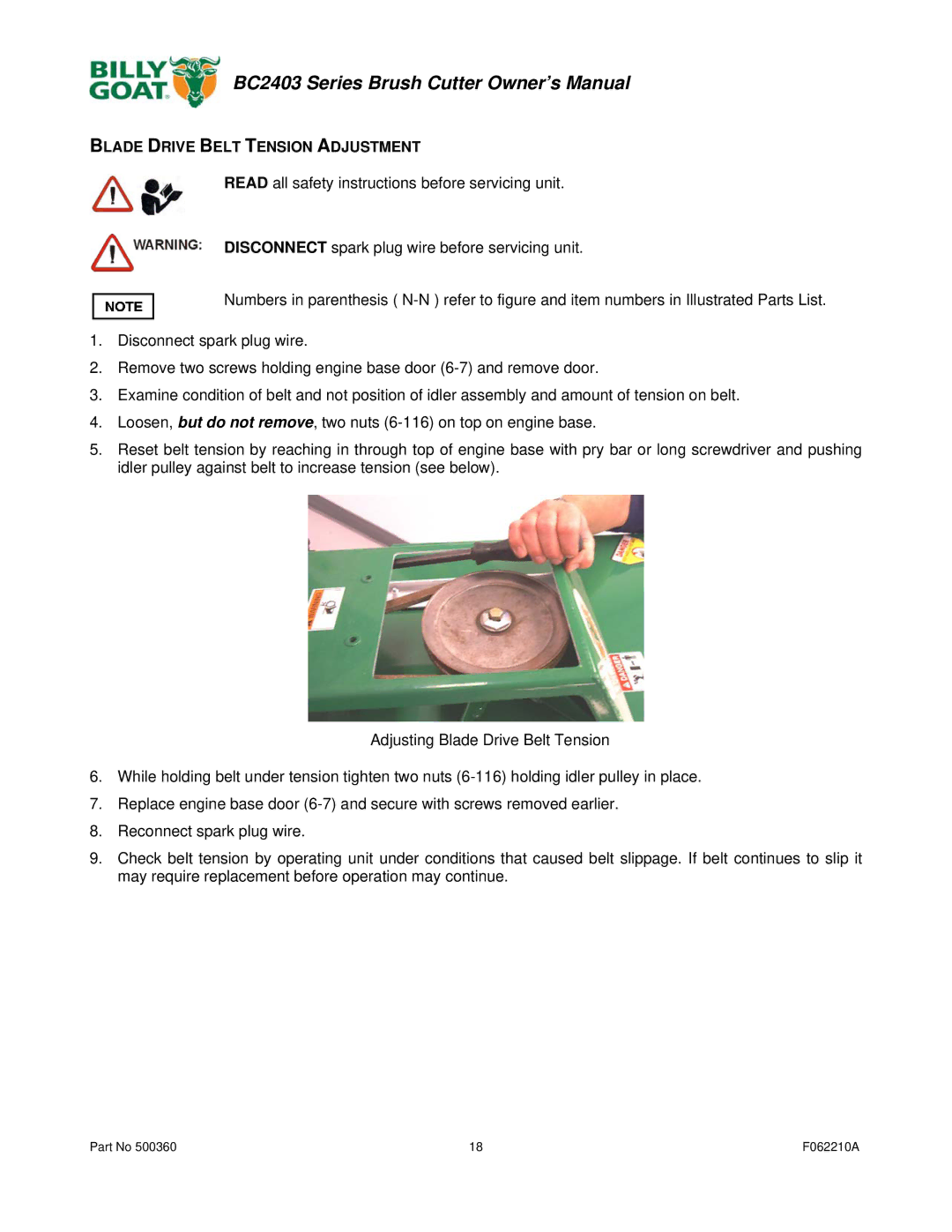 Billy Goat BC2403 owner manual Blade Drive Belt Tension Adjustment 