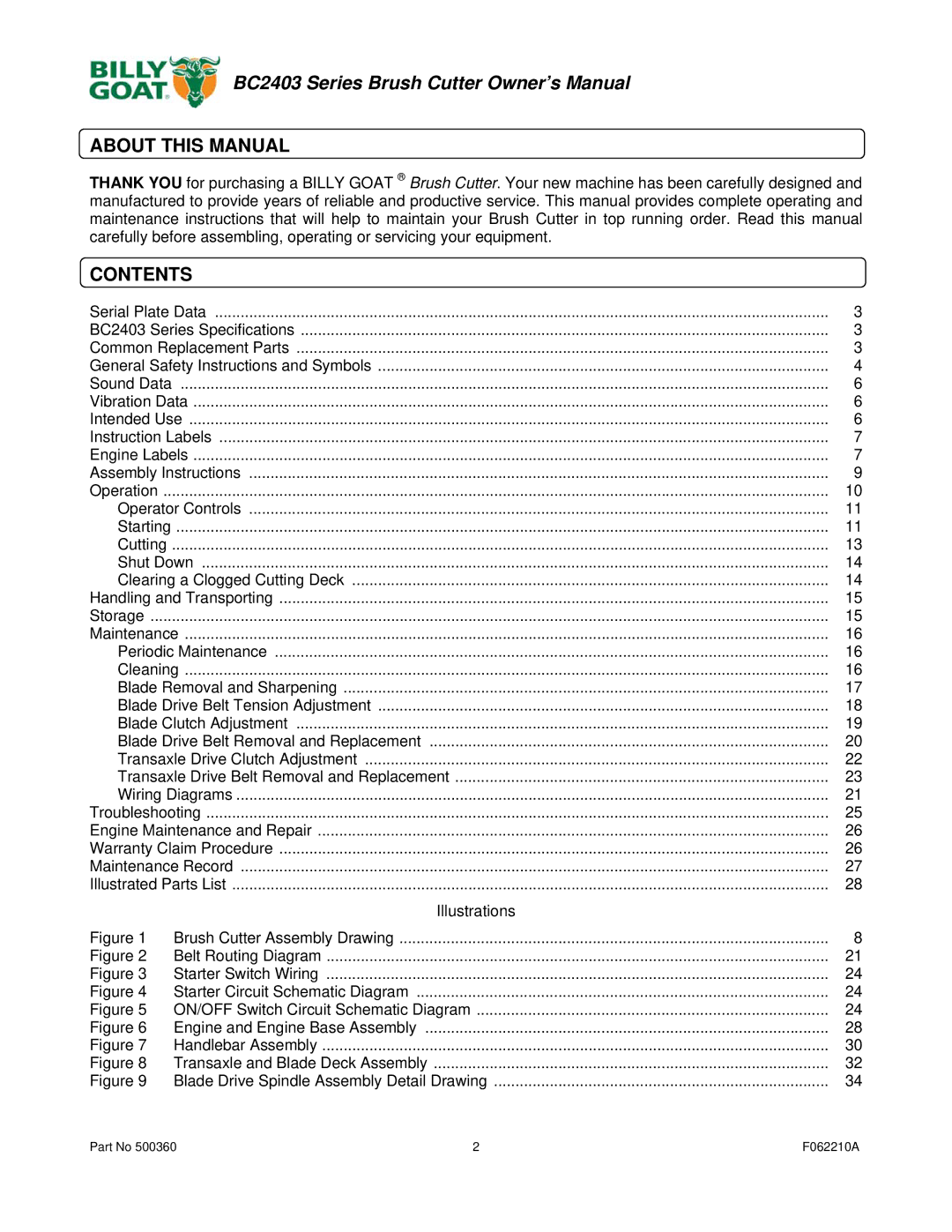 Billy Goat BC2403 owner manual About this Manual, Contents 