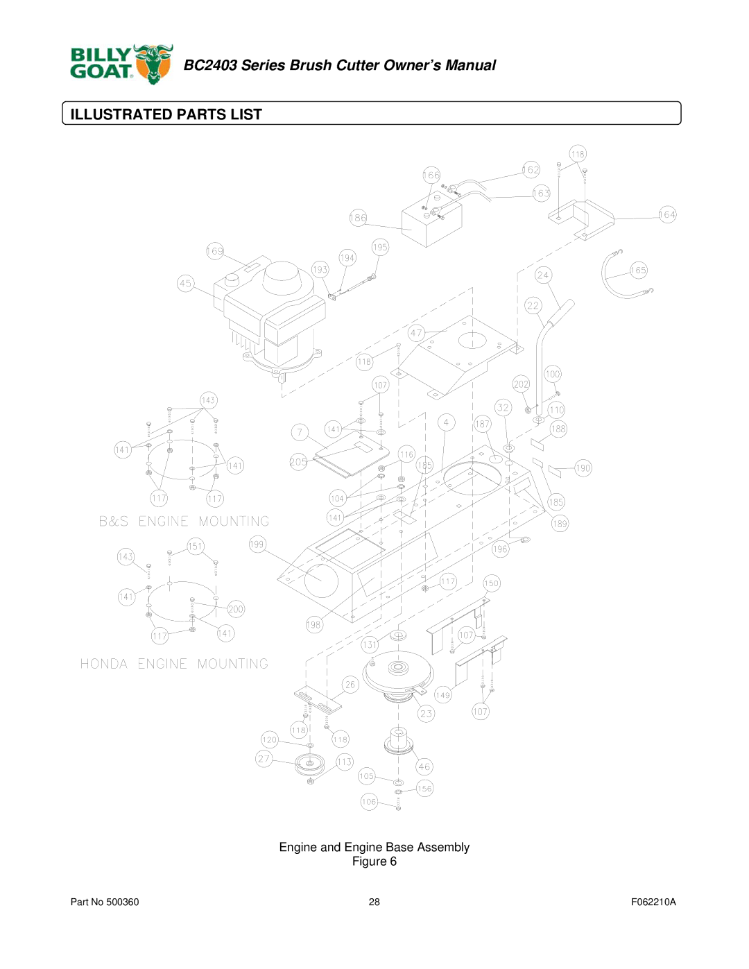 Billy Goat BC2403 owner manual Illustrated Parts List, Engine and Engine Base Assembly 