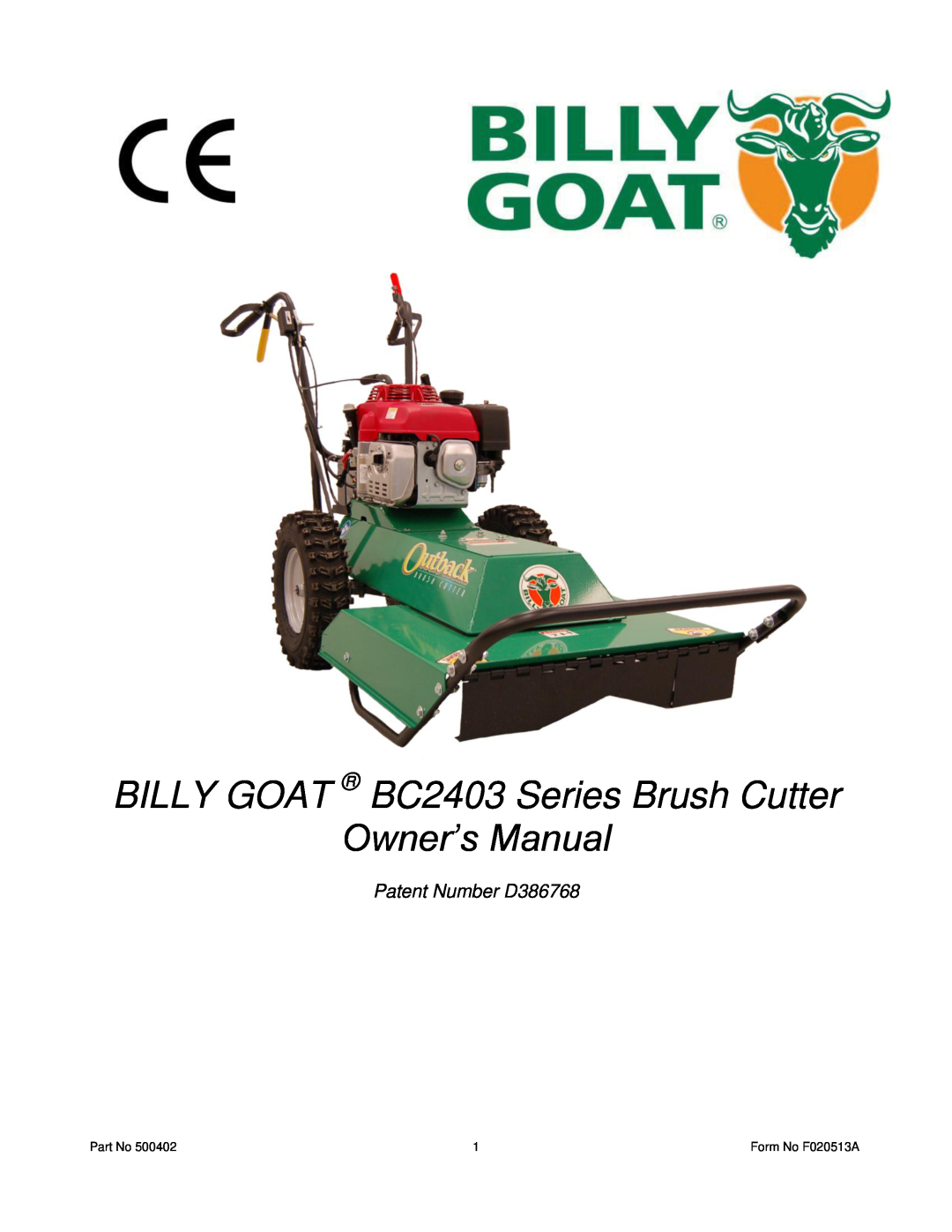 Billy Goat BC2403 owner manual Patent Number D386768 