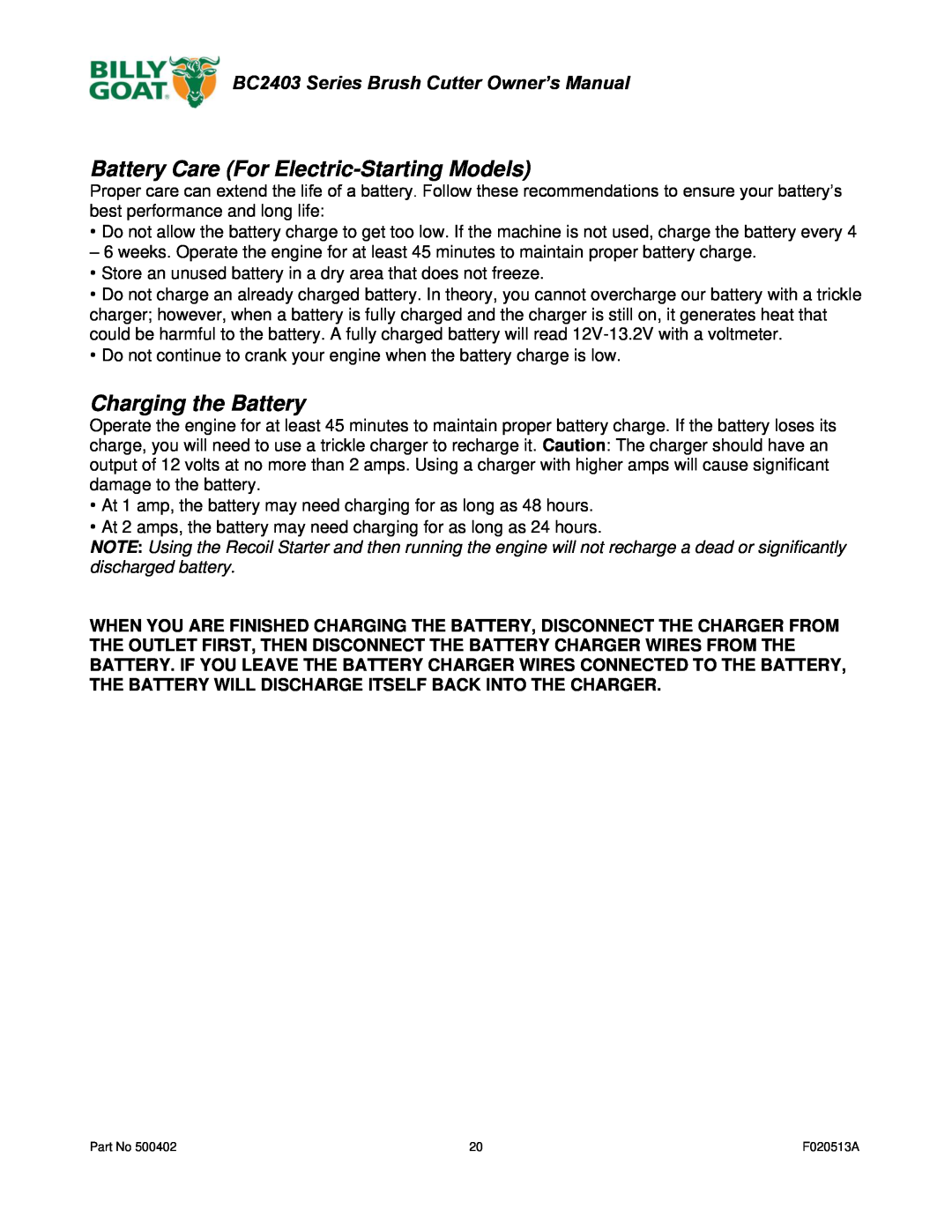 Billy Goat BC2403 owner manual Battery Care For Electric-Starting Models, Charging the Battery 