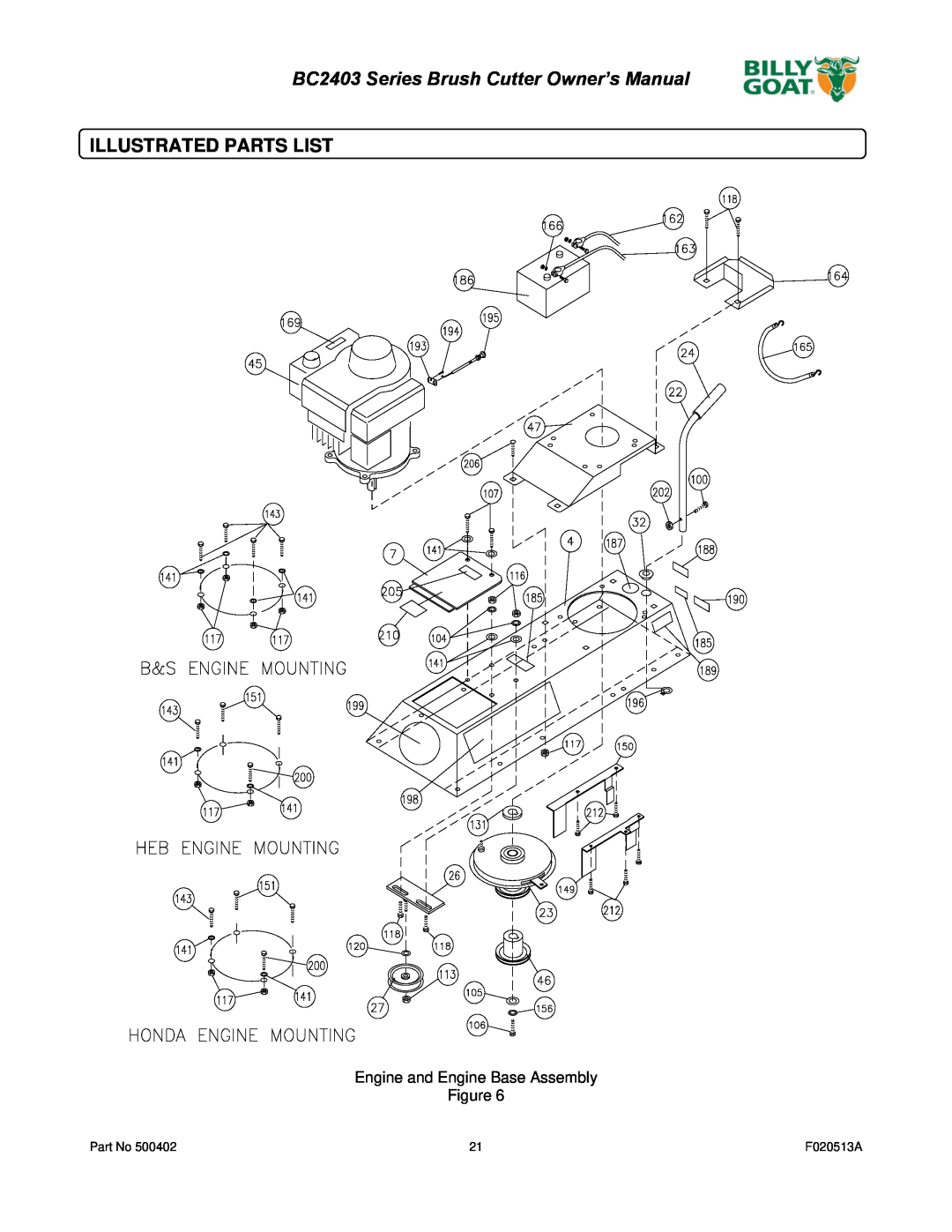 Billy Goat BC2403 owner manual Illustrated Parts List, Engine and Engine Base Assembly, F020513A 