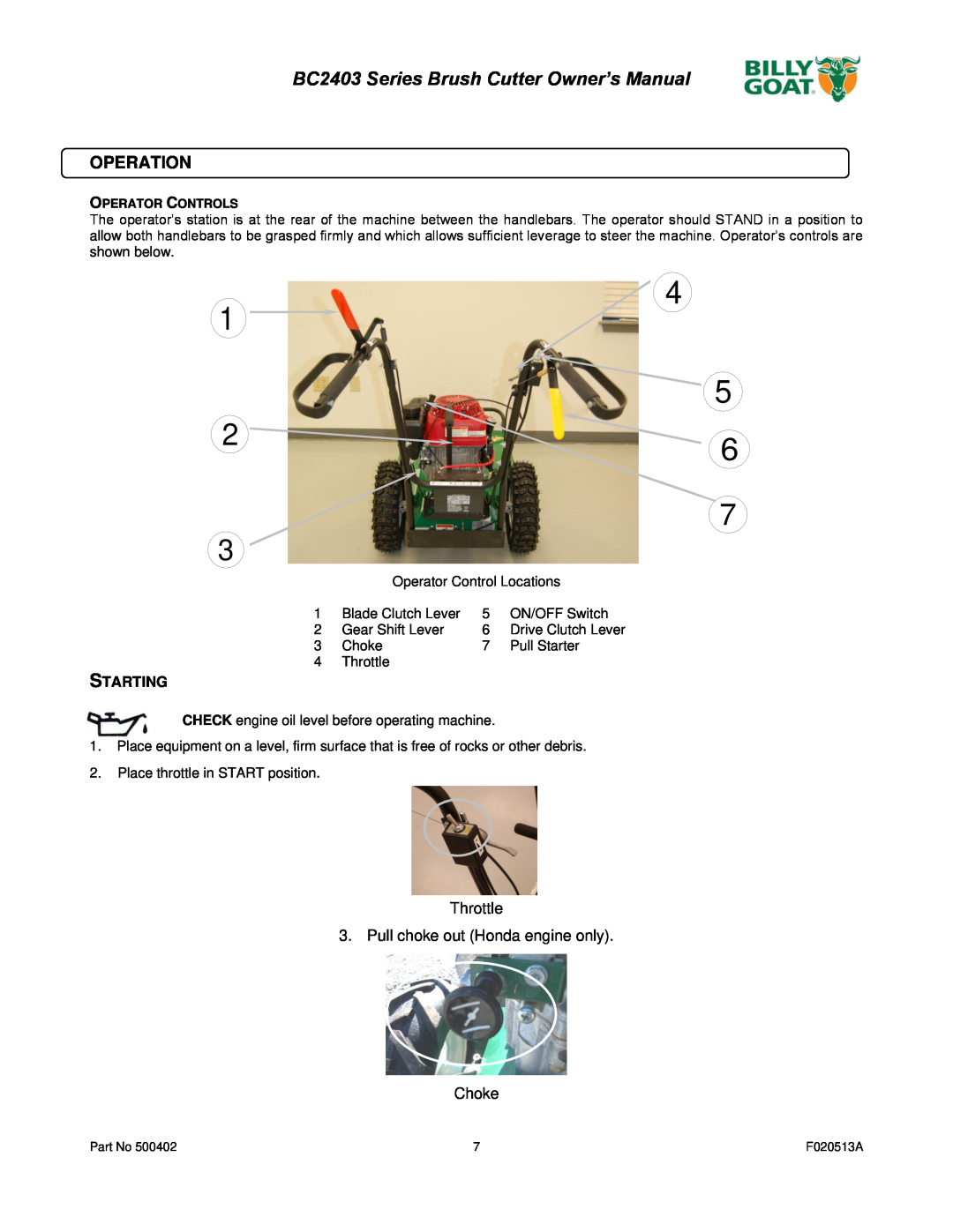 Billy Goat owner manual Operation, BC2403 Series Brush Cutter Owner’s Manual, Starting 