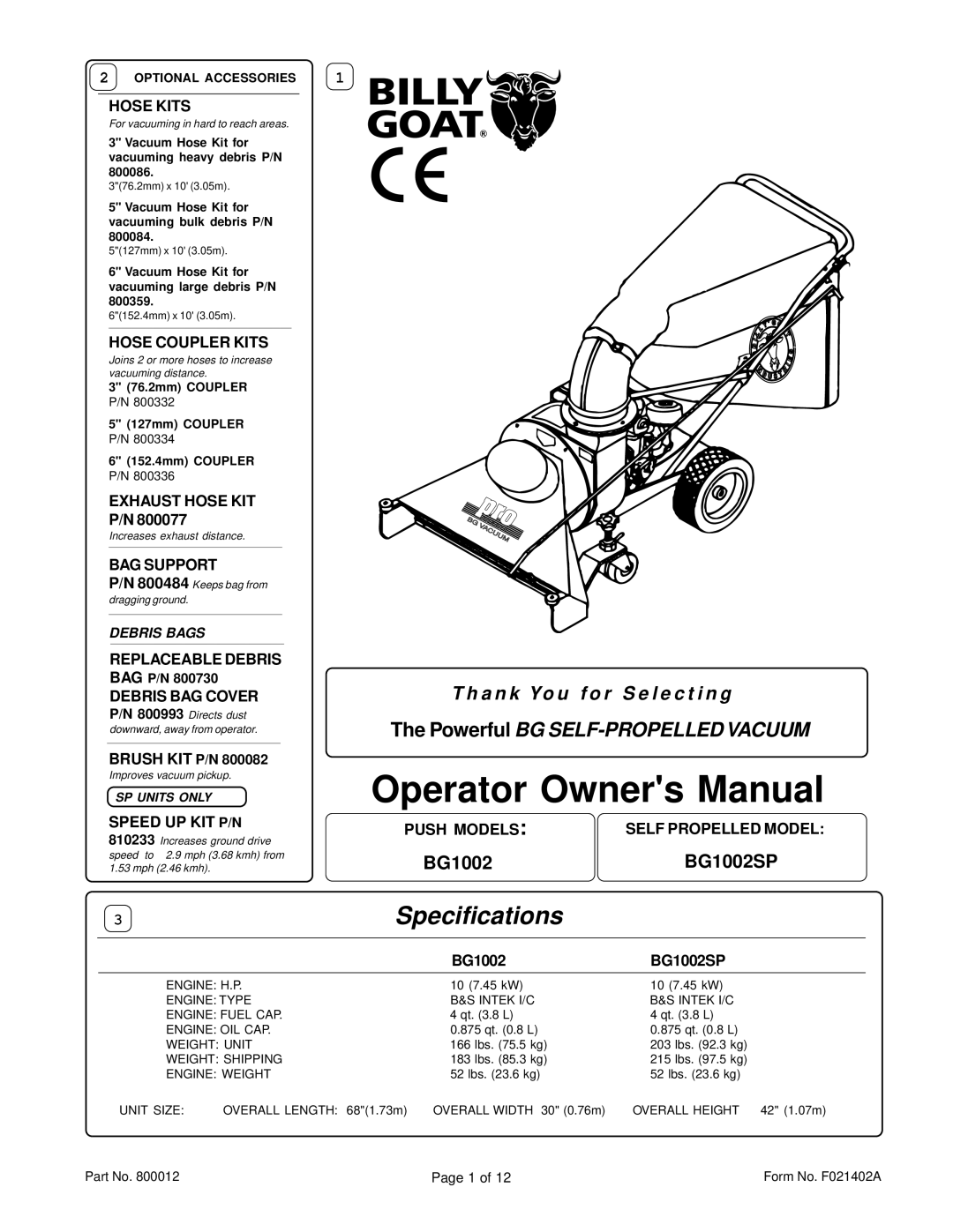 Billy Goat BG1002SP specifications Hose Kits, Hose Coupler Kits, Exhaust Hose KIT, BAG Support, Replaceable Debris 