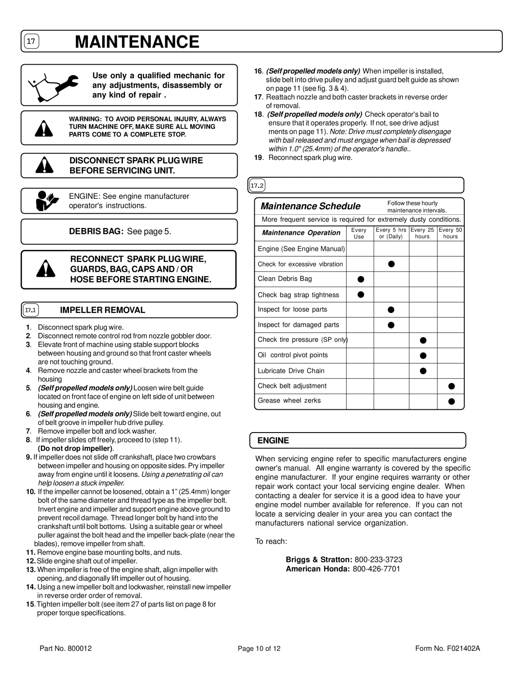 Billy Goat BG1002SP specifications Disconnect Spark Plug Wire Before Servicing Unit, Debris BAG See, Engine 