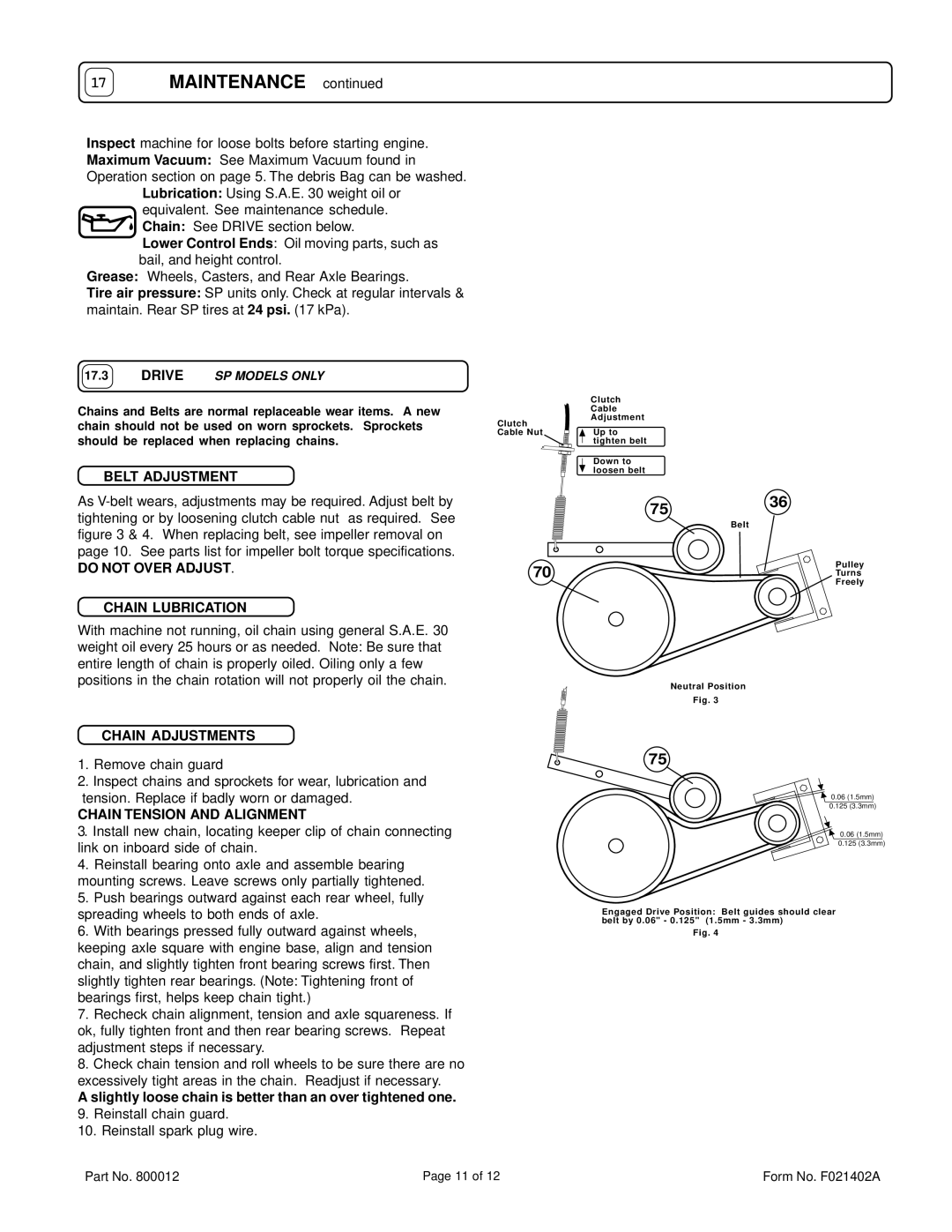 Billy Goat BG1002SP specifications 7536, Belt Adjustment, Do not Over Adjust Chain Lubrication, Chain Adjustments 