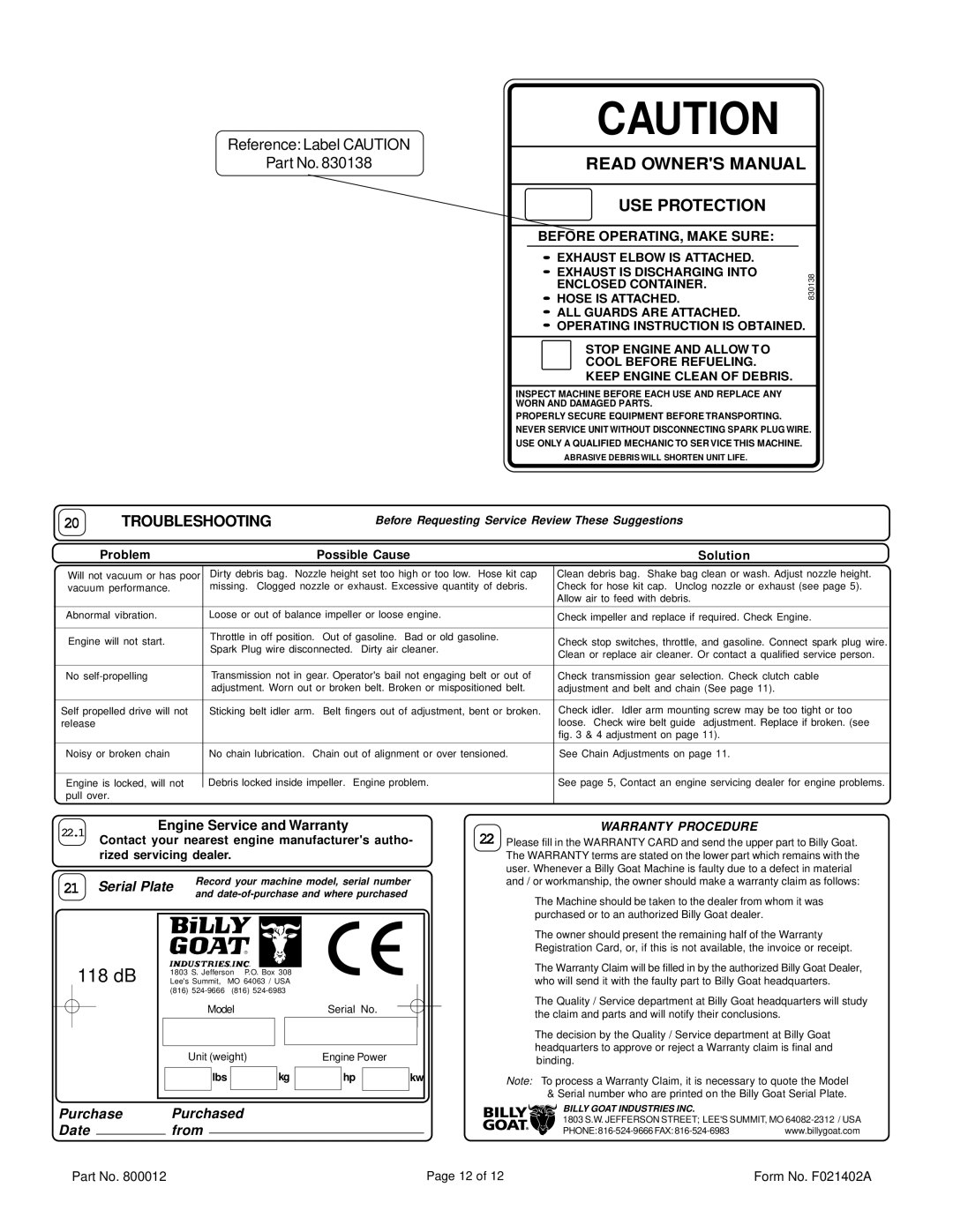 Billy Goat BG1002SP specifications Troubleshooting, Before OPERATING, Make Sure 