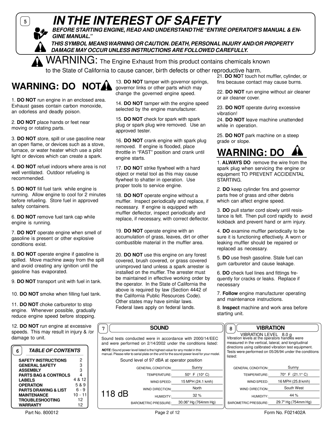 Billy Goat BG1002SP specifications 7SOUND, Vibration 