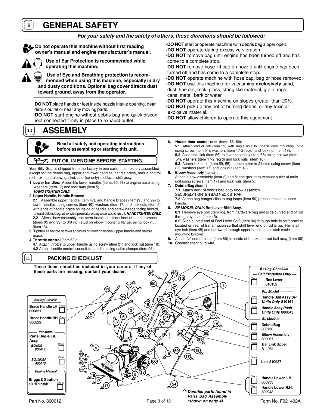 Billy Goat BG1002SP specifications Packing Check List, PUT OIL in Engine Before Starting 