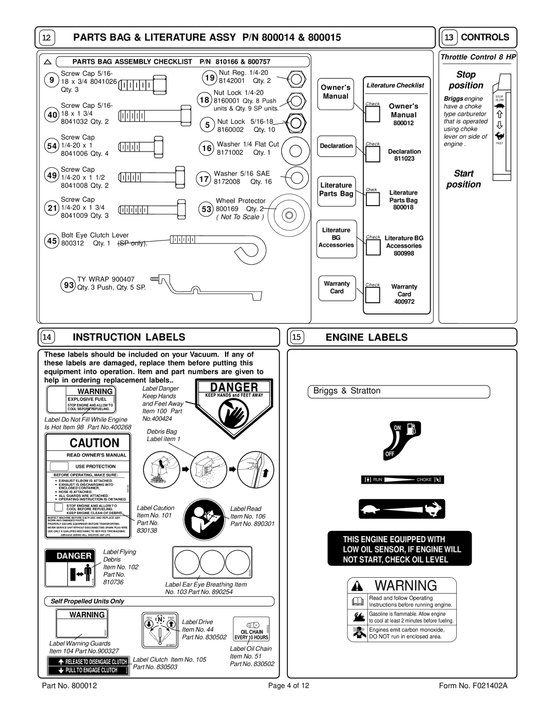 Billy Goat BG1002SP specifications Parts BAG & Literature Assy P/N 800014, Controls 