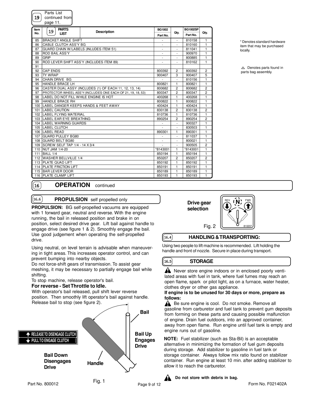 Billy Goat BG1002SP specifications Handling &TRANSPORTING, Storage 