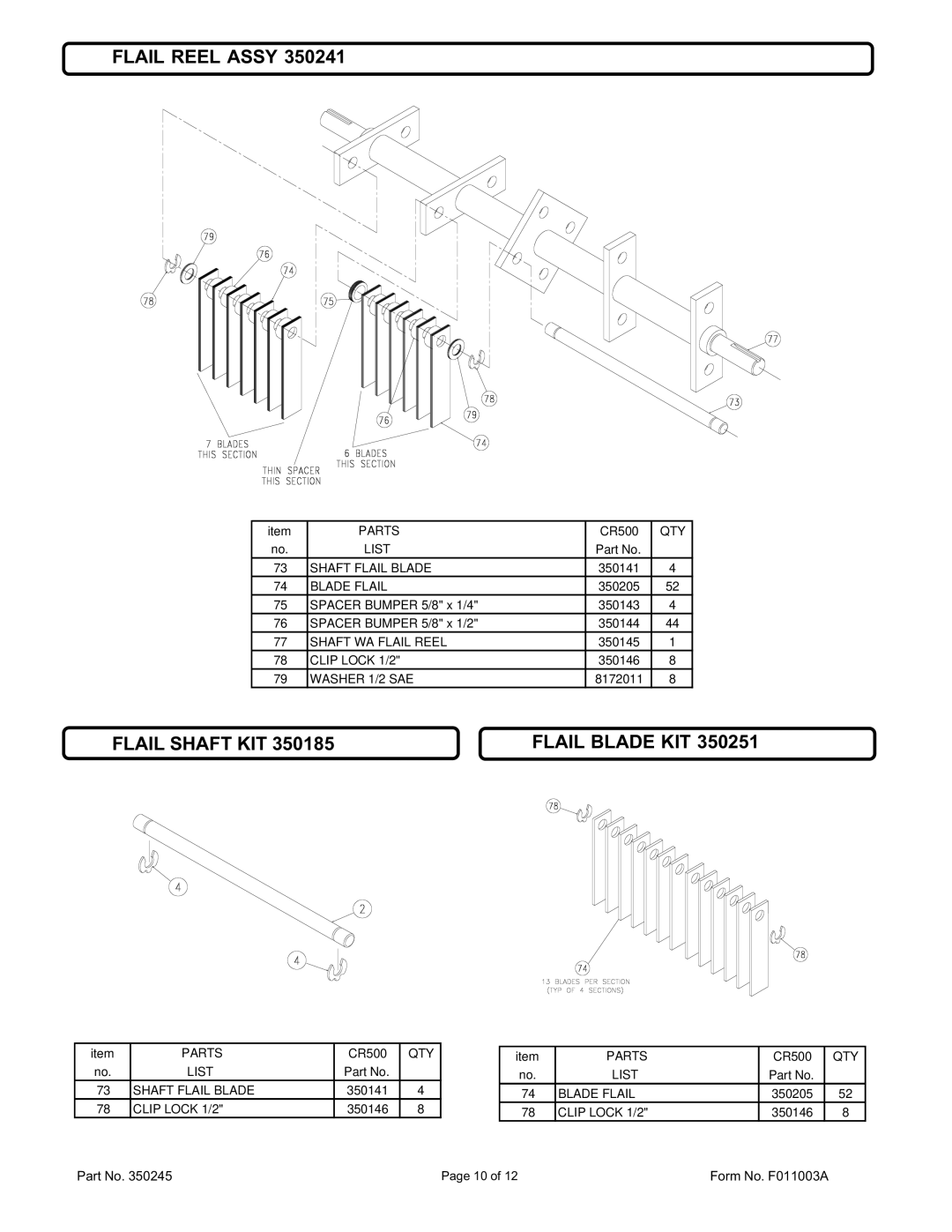 Billy Goat CR450S, CR550, CR550HC, CR550H owner manual Flail Reel Assy, Flail Shaft KIT Flail Blade KIT 