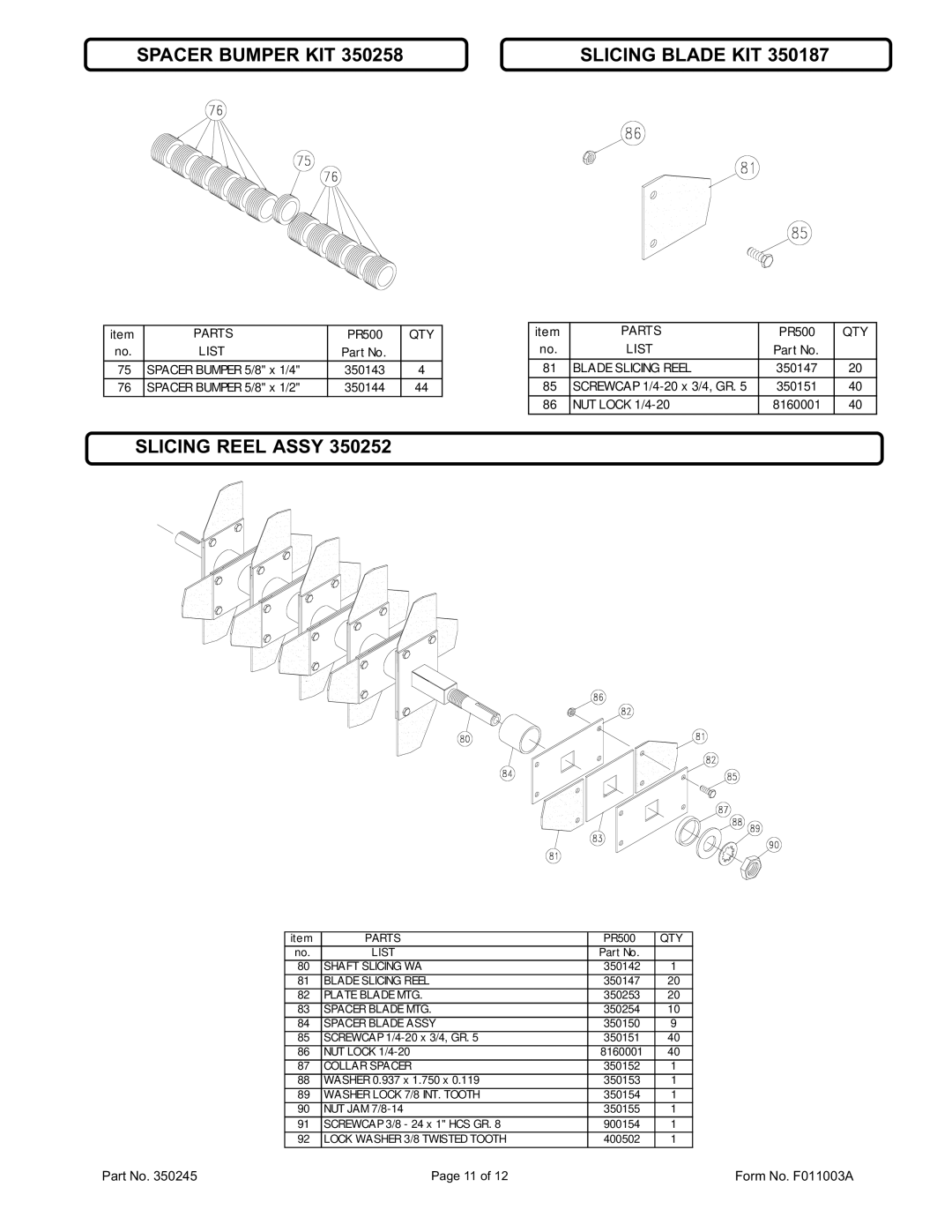 Billy Goat CR450S, CR550, CR550HC, CR550H owner manual Spacer Bumper KIT Slicing Blade KIT, Slicing Reel Assy 